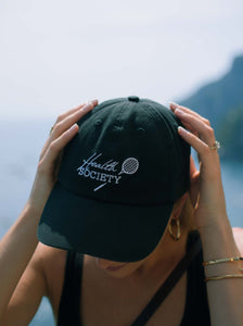 Health society black baseball cap with sporty retro logo100 % organic cotton, vintage style