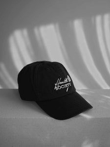 Health society black baseball cap with sporty retro logo 100 % organic cotton, vintage style